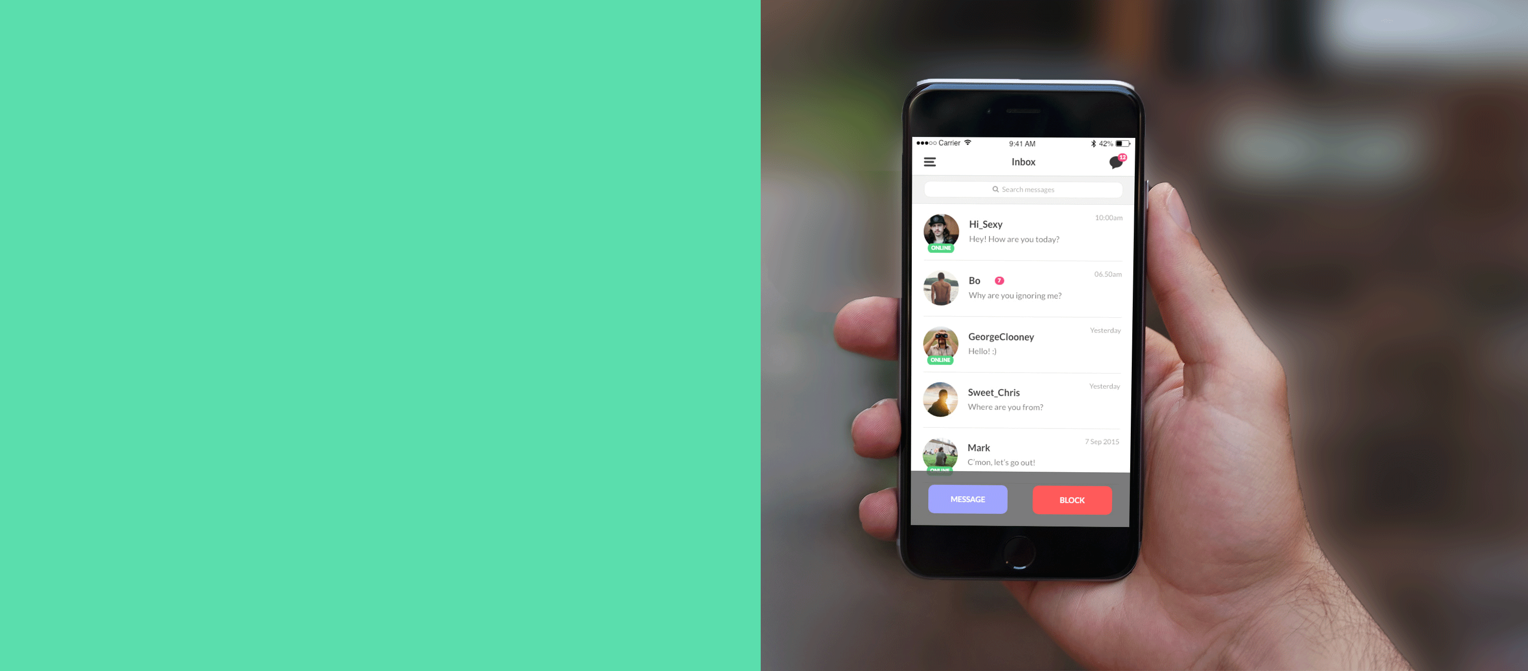 Message list of a mobile networking app showing conversations with usernames, timestamps and message and block controls
